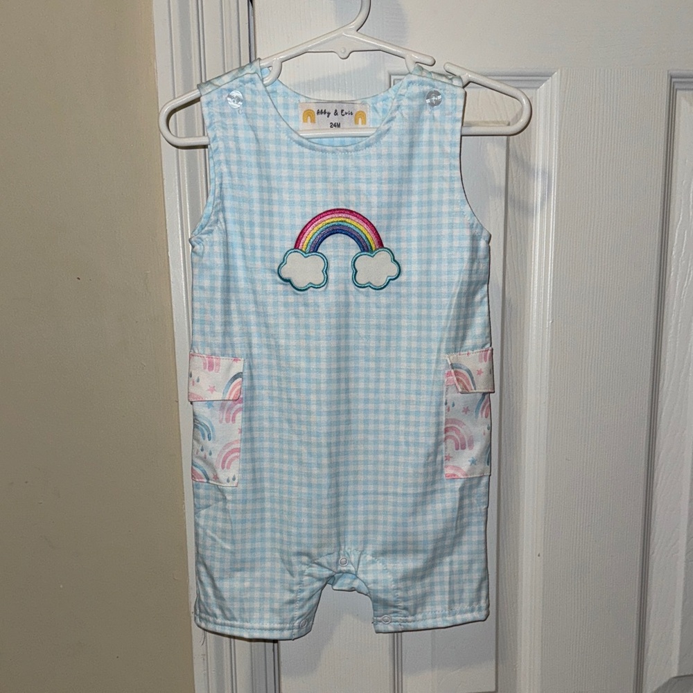 Abby&Evie Blue Gingham Baby Romper with Rainbow Design